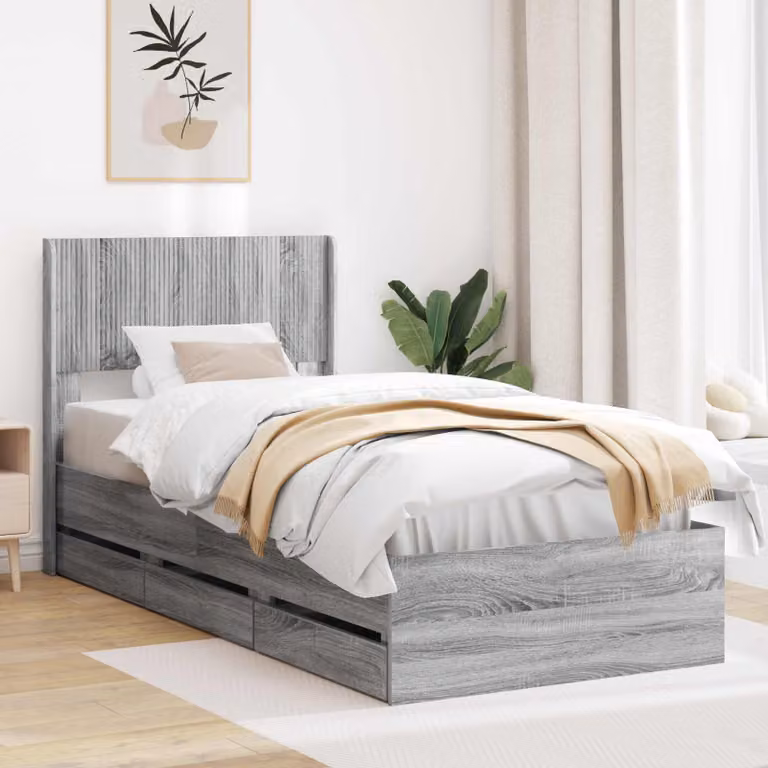 Letto moderno con contenitore e testata vidaXL in legno ingegnerizzato Grigio, L: 140 cm, P: 203 cm, H: 97 cm