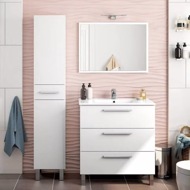 Set Mobili Bagno Moderno DMORA Florinas Bianco Lucido con Mobile Lavabo, Colonna e Specchio