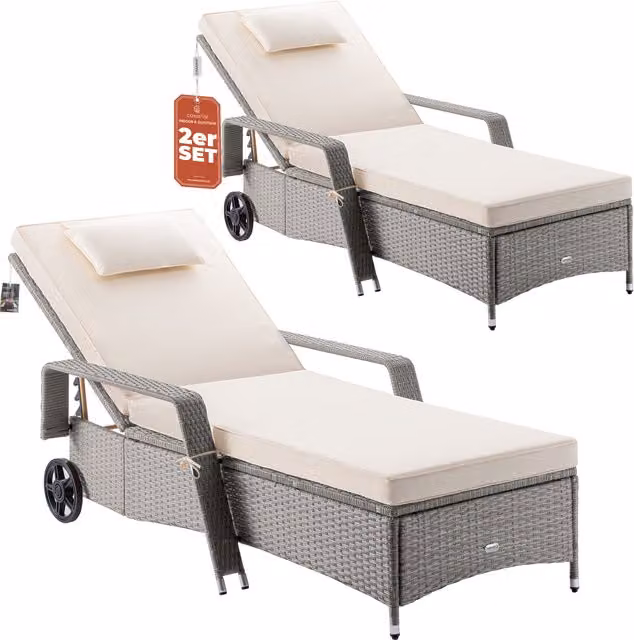 Set di 2 lettini da esterno Casaria in polyrattan color beige con cuscini impermeabili, L: 193 cm, P: 90 cm, H: 43 cm
