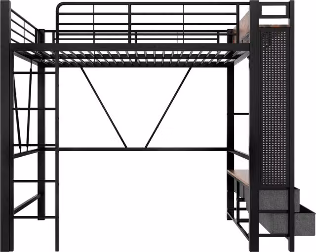 Letto a soppalco in ferro 90x200 cm con 4 cassetti, LED multicolore, prese USB e Type-C, nero