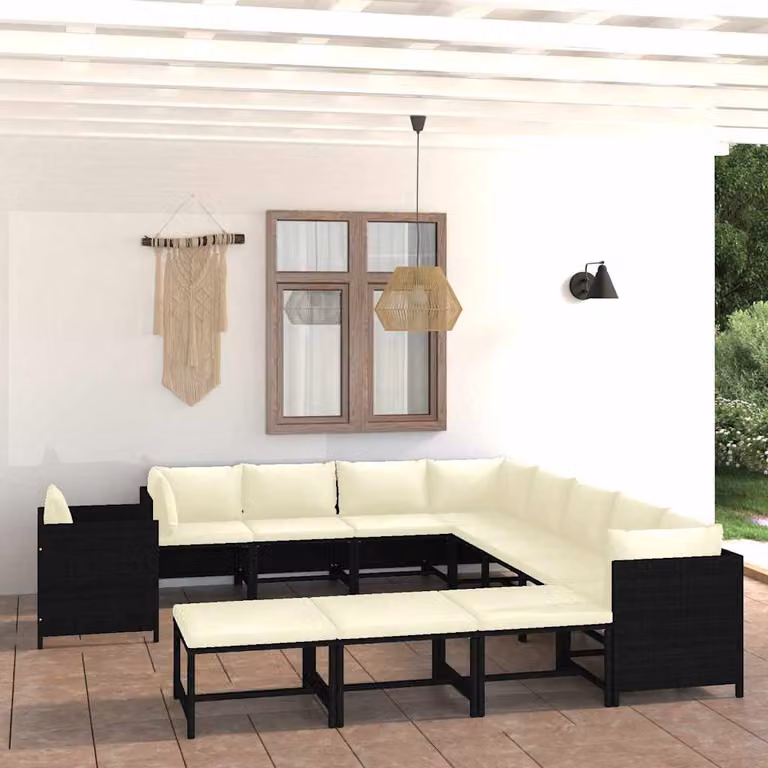 vidaXL Set Divani da Giardino a Forma di U con Cuscini, Polyrattan e Struttura in Acciaio Verniciato a Polvere, Nero e Bianco