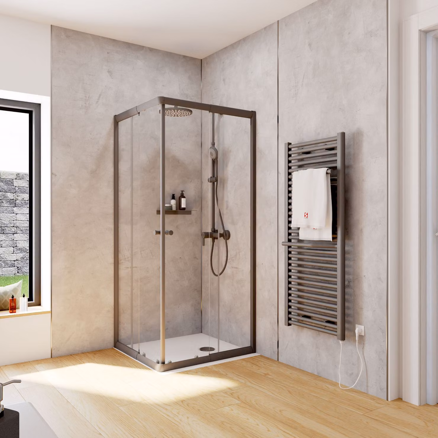 Cabina doccia Schulte Corner con ingresso angolare e porte scorrevoli, installazione su piatto doccia o piastrelle, vetro di sicurezza temperato da 4 mm, altezza: 180 cm, 75 x 80 cm, colore del profilo: nero opaco, tipo di vetro: trasparente chiaro