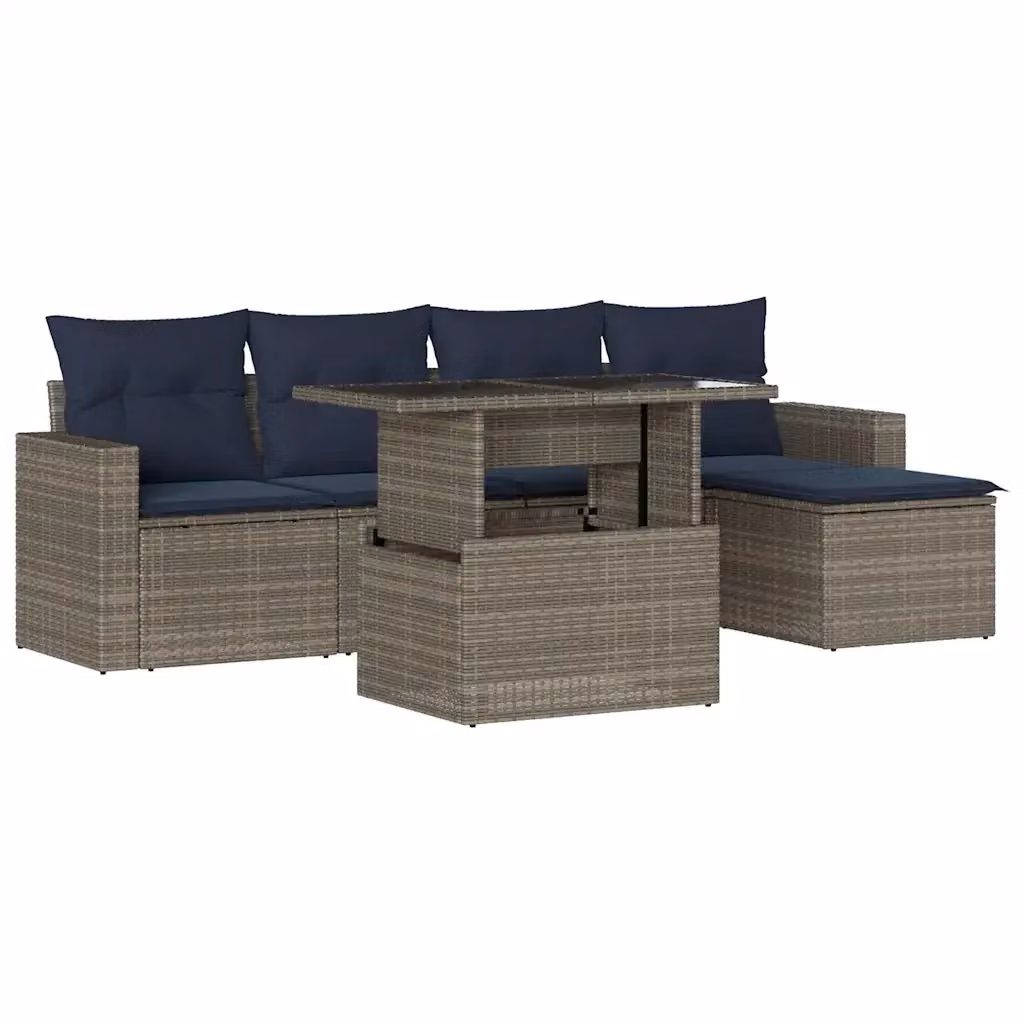 Set di divani da giardino vidaXL in polyrattan con cuscini grigi e blu, 6 pezzi – 2