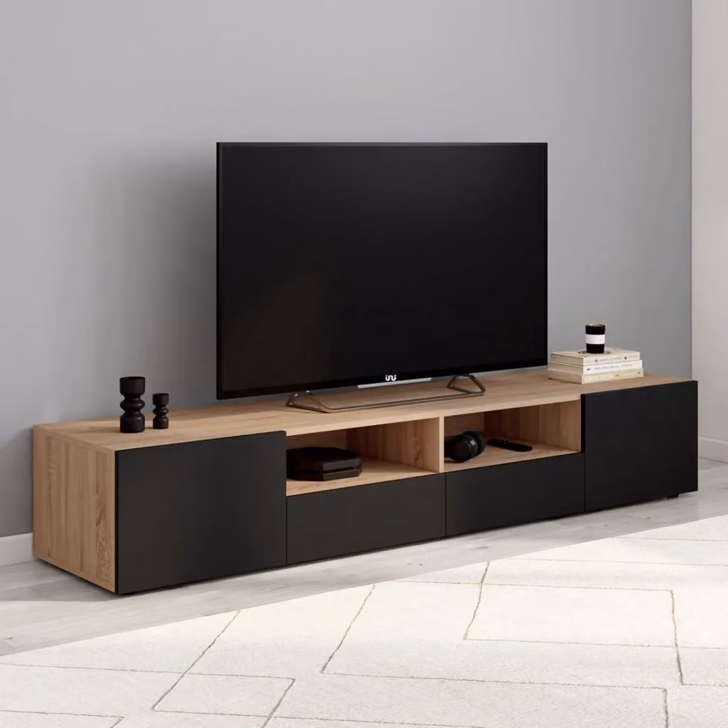IDMarket Porta TV ELI moderno in legno faggio e nero con ante opache L: 180 cm, P: 40 cm, H: 31,5 cm – 2