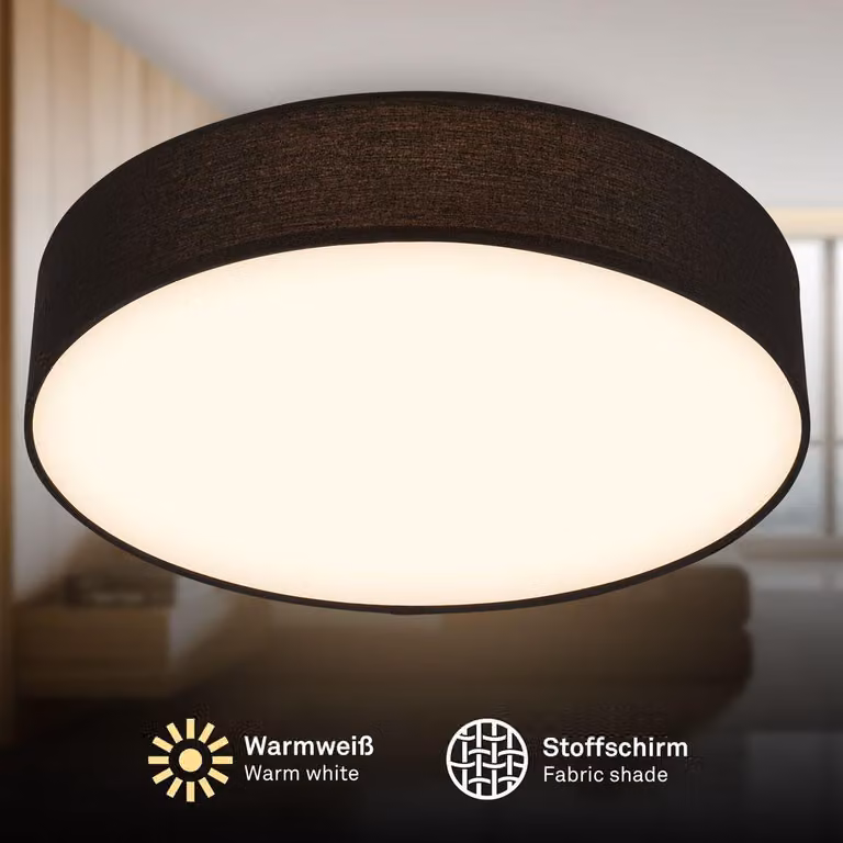 Briloner Plafoniera LED con paralume in tessuto Ø38x10,5 cm rotonda 24W 2600lm 3000K bianco caldo nero - Lampada da soffitto soggiorno camera da letto cucina corridoio