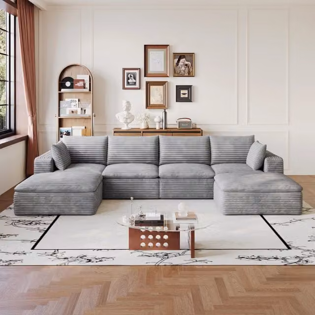 Divano modulare 340 cm in tessuto grigio con imbottitura in schiuma