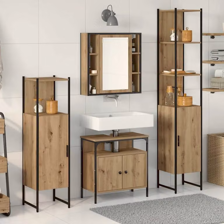 Set di mobili per il bagno moderno vidaXL composto da 4 pezzi in legno e metallo, include armadietto con specchio e mobile sottolavabo, colore marrone beige e nero, H 185,5 x L 61,56 x P 33,0 cm