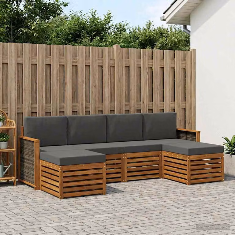Set di divani da esterno vidaXL a forma di L in legno di acacia con cuscini, marrone e grigio
