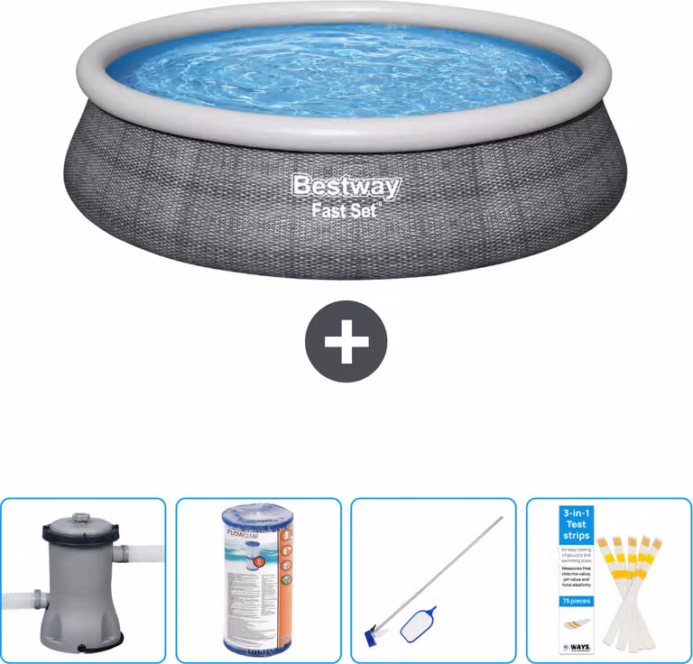 Bestway piscina gonfiabile rotonda ad ambientazione rapida - stampa rattan - 457 x 84 cm - inclusa pompa - filtro - kit di pulizia - strisce reattive