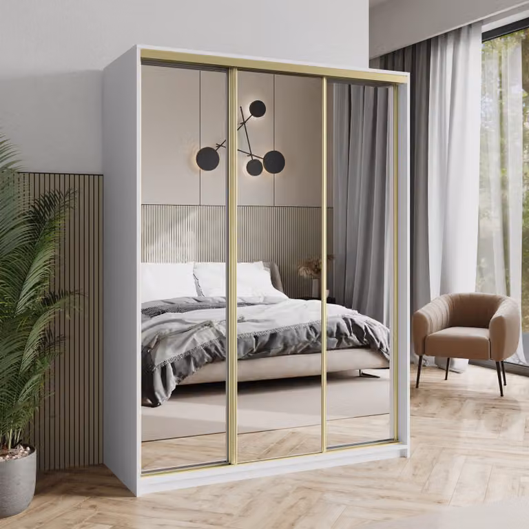 Armadio scorrevole Masseno RIEN 150/205/60 cm Armadio con cassetti Armadio per camera da letto a 3 ante con specchio Bianco + Oro
