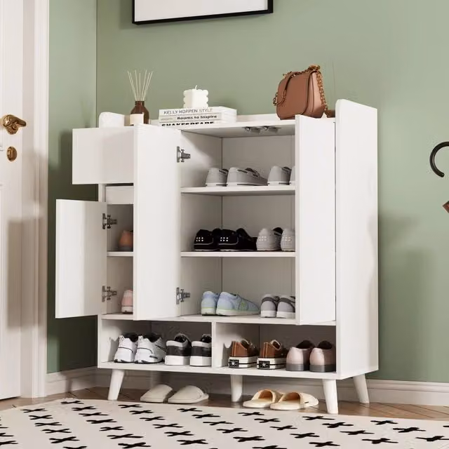 Scarpiera moderna Mivray bianca con ante a battente e vani aperti L: 99 cm, H: 90 cm, P: 35 cm