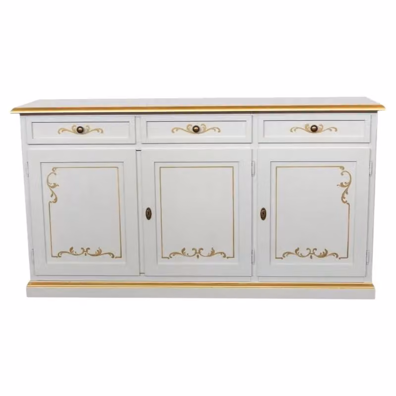 Credenza shabby chic in legno con 3 porte e decori floreali oro e avorio Mobili 2G L: 156 cm, P: 42 cm, H: 86 cm