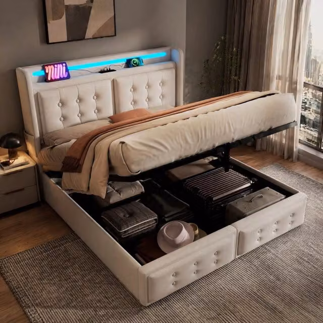 Letto matrimoniale imbottito 160 × 200 cm con contenitore testiera LED prese USB C tessuto cotone e lino beige