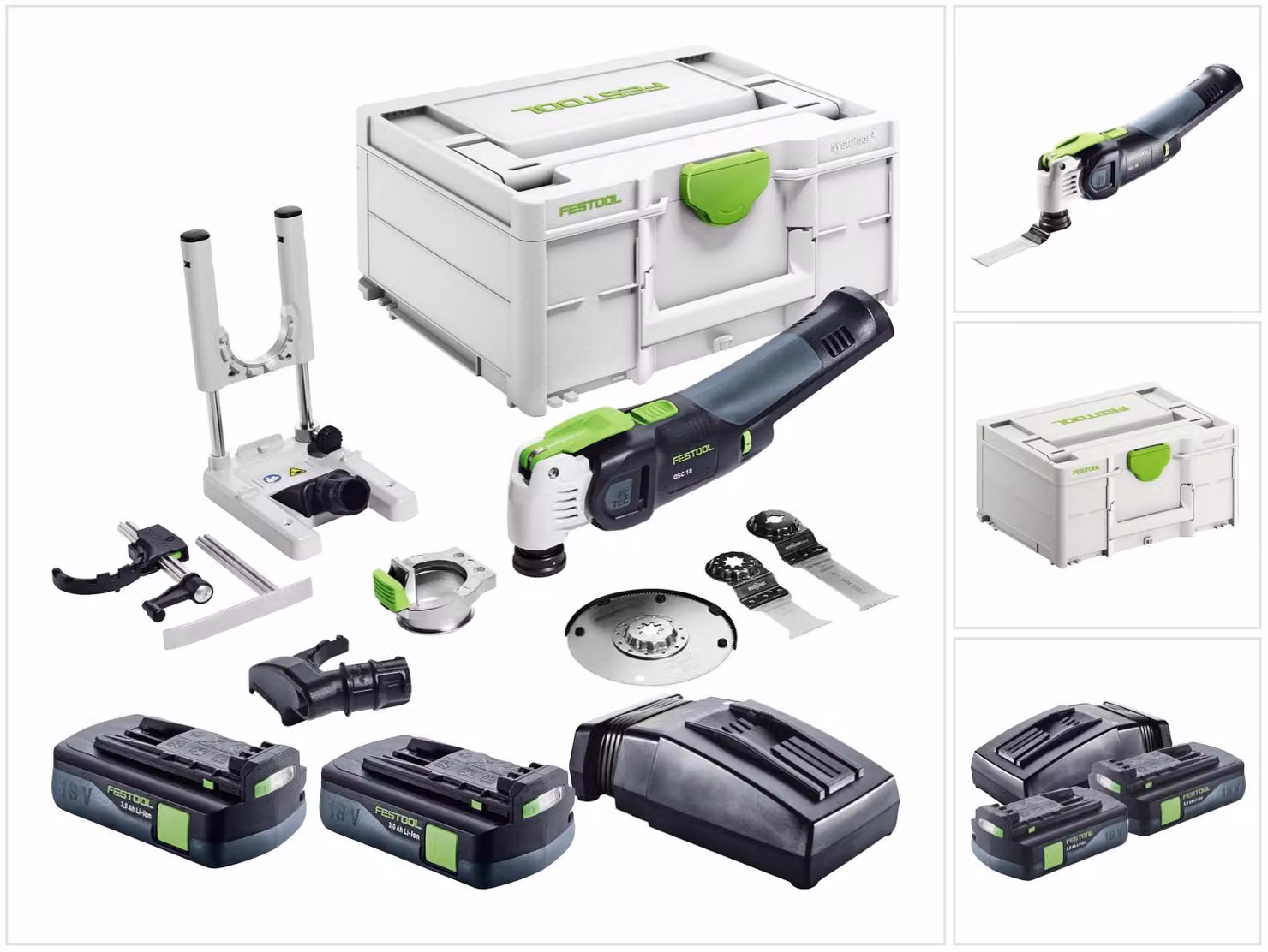 Festool VECTURO OSC 18 E-Basic Set utensile oscillante a batteria 18 V Starlock Max Brushless + 2x batteria 3,0 Ah + caricabatterie + set di accessori 7 pezzi + systainer
