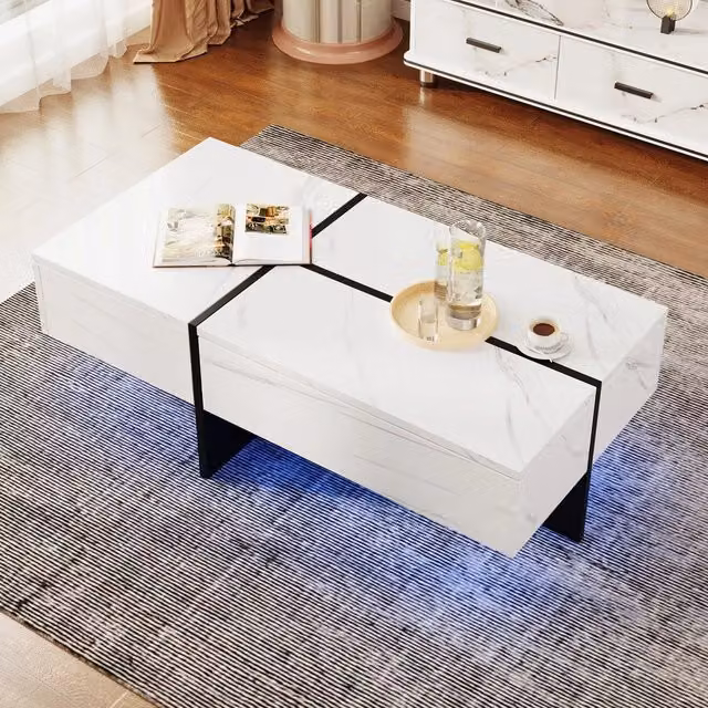 Tavolino da caffè MINIMAL con LED effetto marmo bianco e nero L 100 cm, P 50 cm, H 34,5 cm