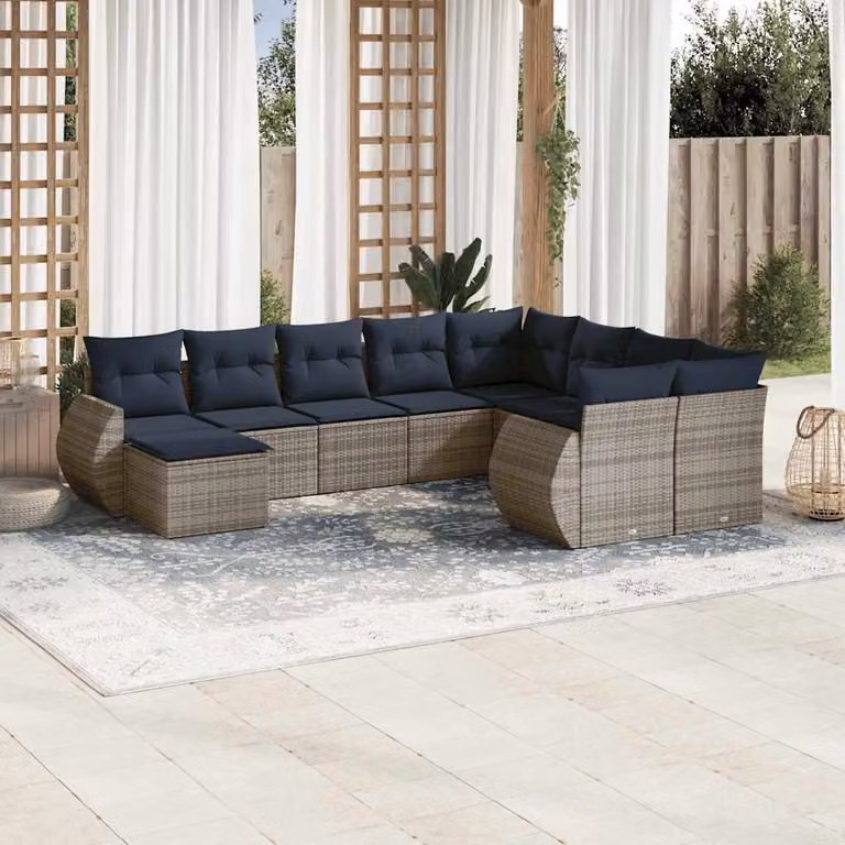 Set di Divani da Giardino vidaXL a Forma di L con Cuscini e Tavolino da Caffè, Colore Grigio e Blu, Struttura in Metallo e Polyrattan