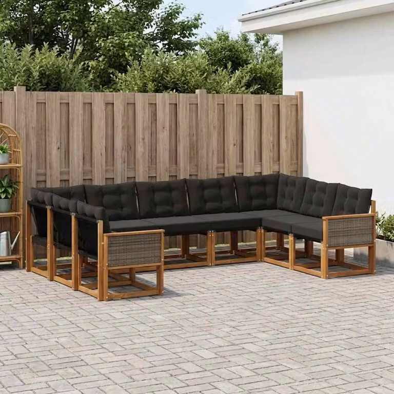 vidaXL Set di divani da esterno 9 pz in legno di acacia con cuscini in textilene, colore marrone e nero