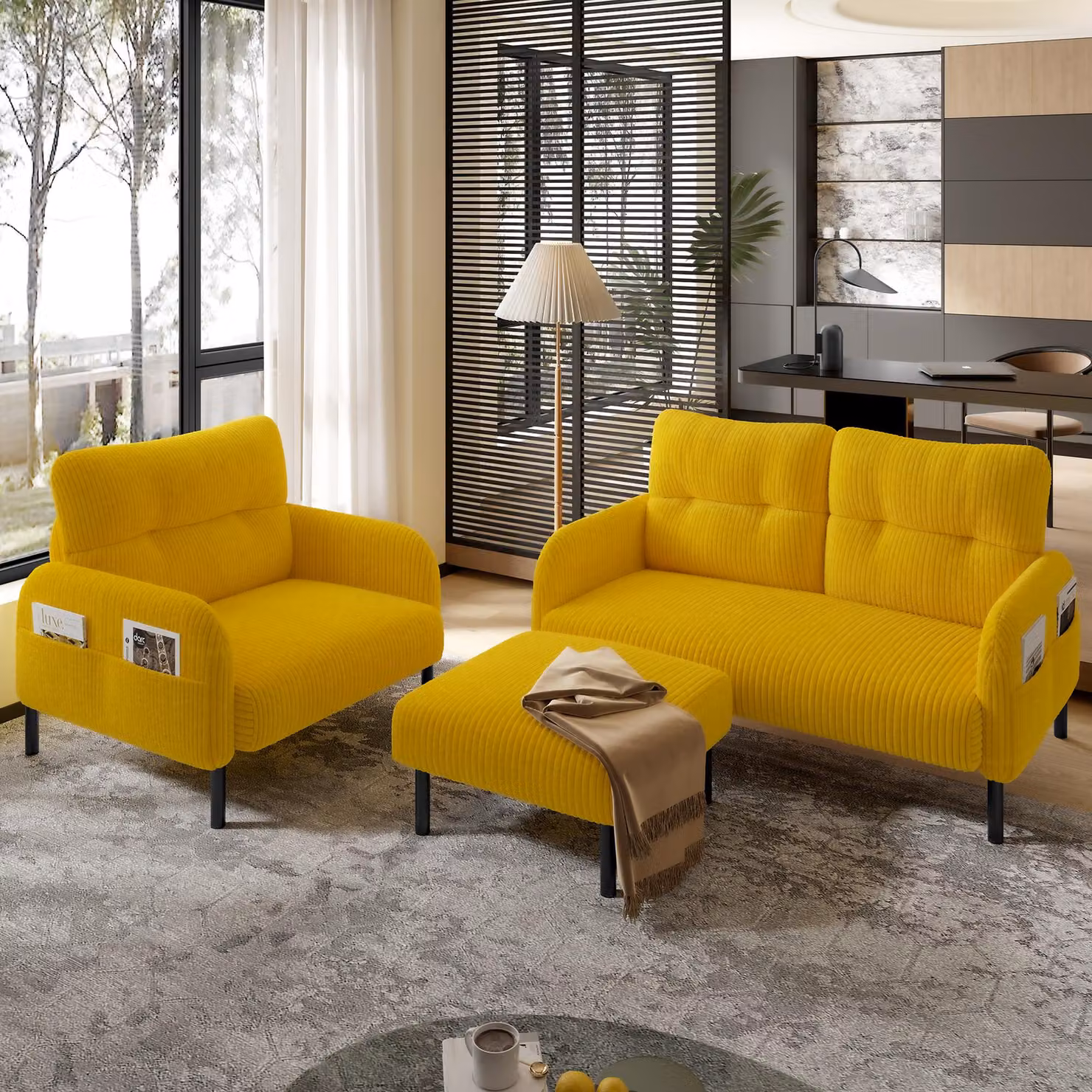 LVHOM Cord set di 3 2 posti+poltrona+sgabello, flessibile per il soggiorno divano ad angolo con tasche laterali, gruppo di sedute giallo