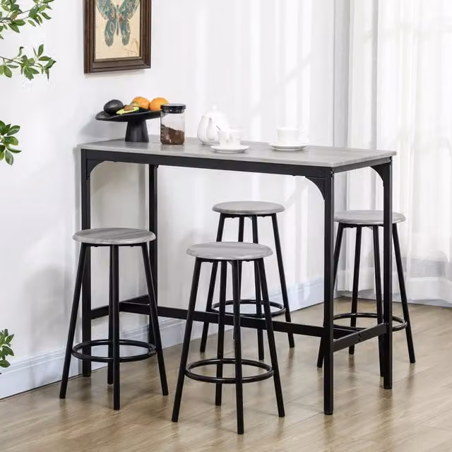 Set da bar OKWISH con tavolo rettangolare e 4 sgabelli in stile industriale, in MDF e metallo, colore nero e grigio, ideale per cucina e soggiorno
