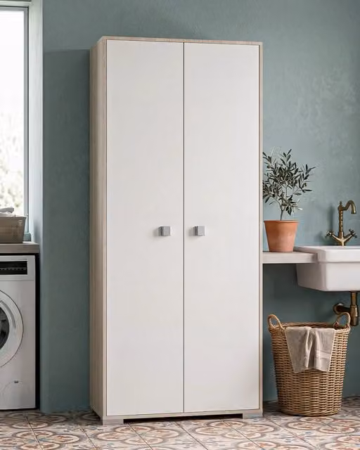 Armadio multiuso Sonia con 2 ante, mobile portascopa salvaspazio con 6 ripiani interni, Colore Bianco e Olmo, L: 75 cm, H: 180 cm, P: 35 cm – 1