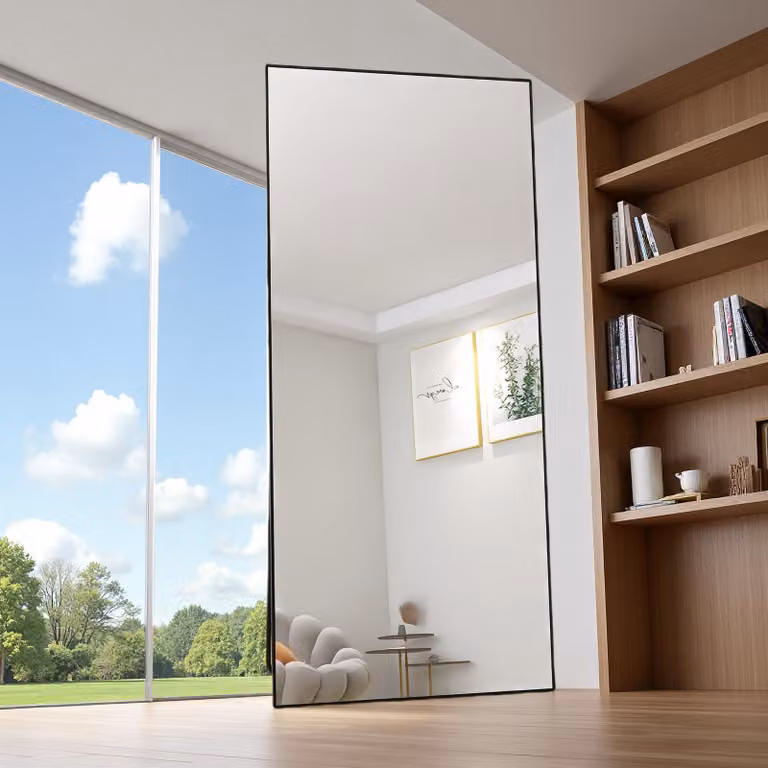 Specchio rettangolare per il trucco in vetro temperato, cornice in alluminio nero, 1800x800 mm, design moderno ed elegante