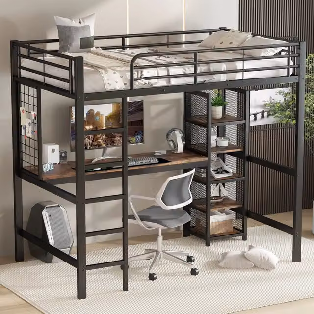 Letto a soppalco singolo OKWISH con scrivania e ripiani, metallo e MDF, Nero e Noce scuro, L/P/H: 204 x 90 x 180 cm