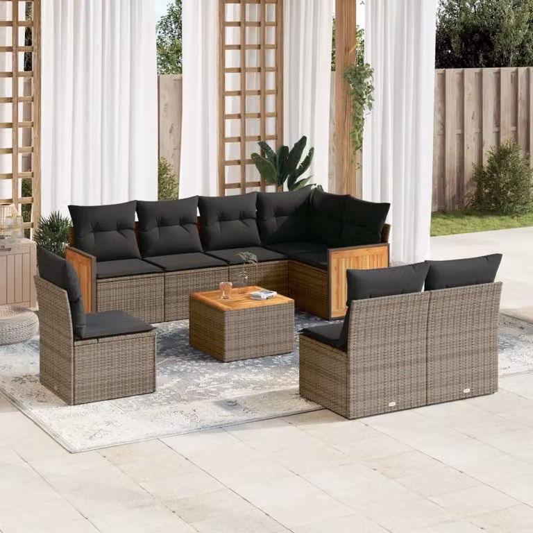 vidaXL Set Divano da Giardino a L 9 pz con Tavolino e Cuscini Grigio in Polyrattan e Acciaio