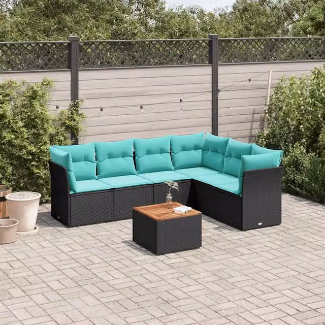 Set Divani da Giardino 7 pz con Cuscini Nero in Polyrattan 3255987