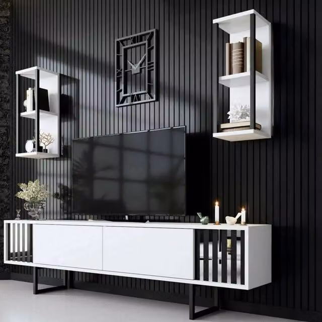Mobile porta TV DMORA moderno Bianco e Nero L: 180 cm, P: 30 cm, H: 48 cm – 1