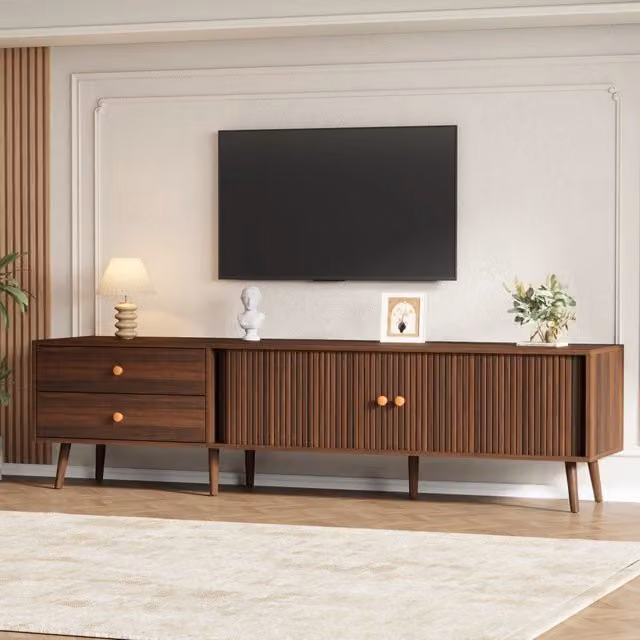 Mobile TV 180x40x46,5 cm effetto noce, 2 cassetti, 2 ante scorrevoli, 7 piedi. Per TV fino a 80". Mobile soggiorno