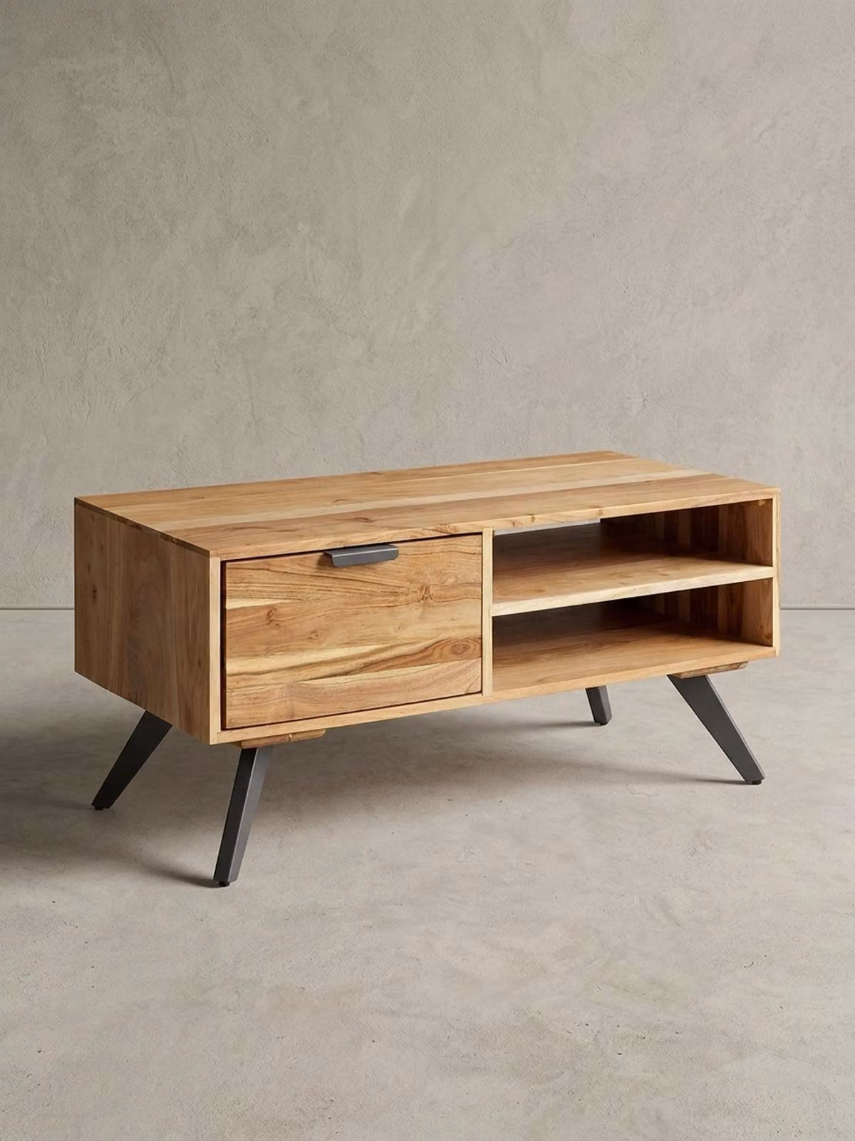 Tavolino massiccio in legno e metallo, design alla moda, ampio spazio contenitivo, gambe stabili. 95x45x45 cm | Kadima Design