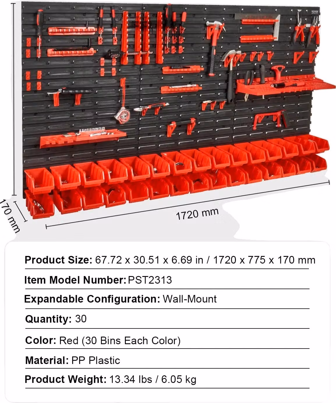 Contenitori a parete, 30 contenitori, colore rosso, 30Bin