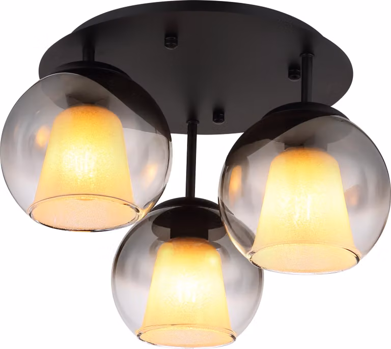 Lampada a sospensione Globo Lighting, corpo in metallo nero opaco, sfere in vetro fumé e trasparente, cristalli di vetro trasparenti, diametro: 410 mm, altezza: 285 mm, esclusa lampadina: 3 x E27 40W 230V