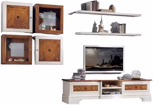 Parete attrezzata classica porta TV in legno stile shabby chic bicolore bianco e marrone Mobili 2G L: 200 cm, H: 96 cm, P: 52 cm – 3