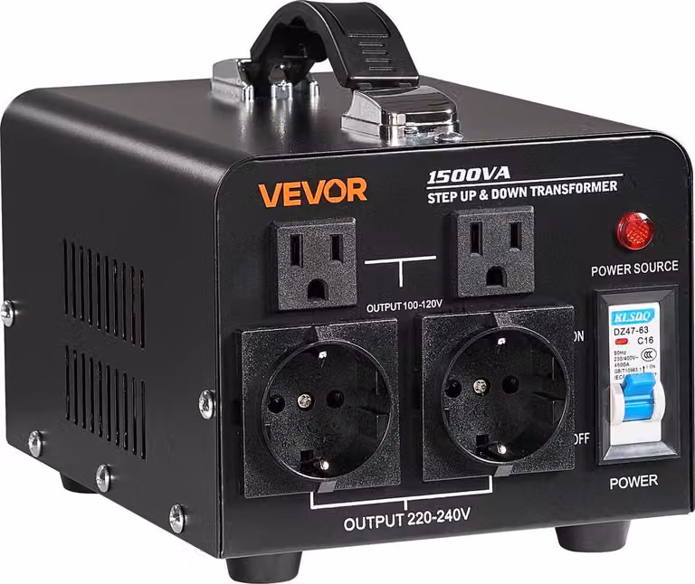Trasformatore convertitore di tensione, 1500 VA, trasformatore di potenza step-up/step-down per impieghi gravosi, conversione da 110 V a 220 V e da 220 V a 110 V, con prese USA, prese UE, cavo di alimentazione, protezione con interruttore automatico