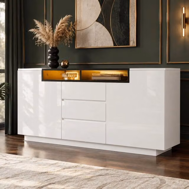 Credenza ULEVR 140x40x68 cm con 2 ante, 3 cassetti, ripiani regolabili e LED, bianco e nero