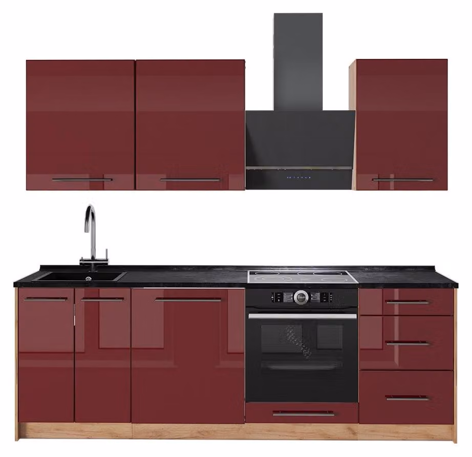 Cucina componibile Vicco Fame-Line Bordeaux lucido/Rovere dorato 230 cm, PL Antracite, Model 63993