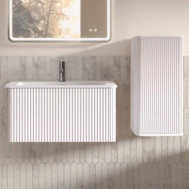Set Mobile Bagno con Lavabo e Sospeso 80 cm, Armadio Laterale, Moderno, Bianco