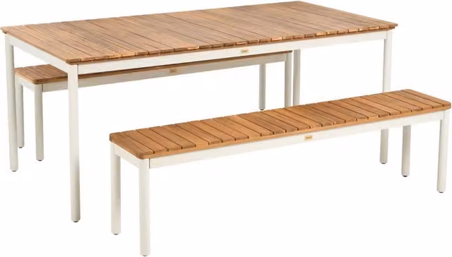 Tavolo da giardino con 2 panche, doghe in legno di acacia, struttura in metallo, marrone resistente alla ruggine e ai raggi UV moderno