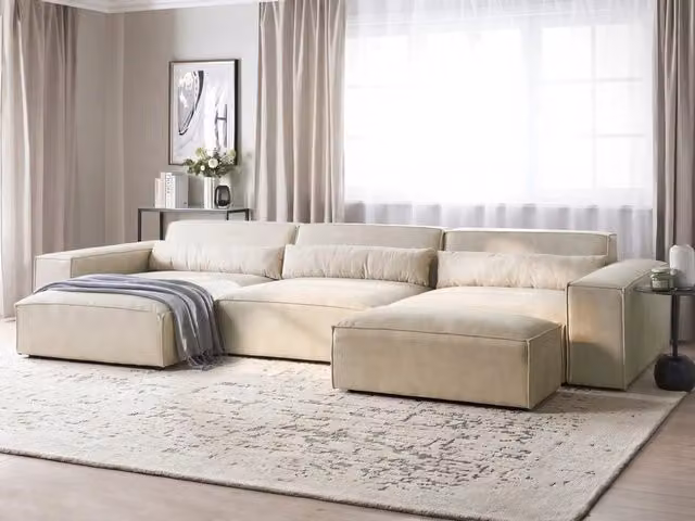 Divano angolare modulare a 3 posti a destra con ottomana Divano componibile in velluto beige con gambe nere Soggiorno moderno