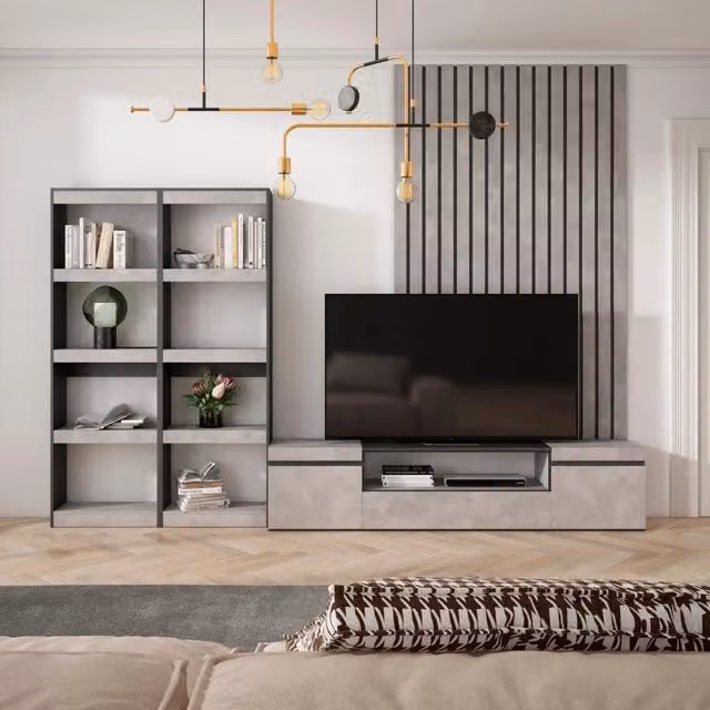 Mobile TV, Soggiorno, 320x35x186cm, Per TV fino a 80", Set di mobili, grigio cemento RF2605