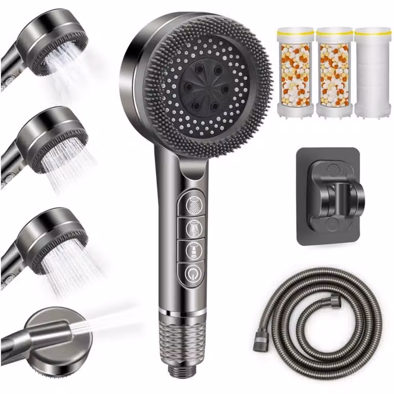 Soffione doccia con flessibile e supporto a muro – Set doccia con filtro – Doccetta e soffione a pioggia – Alta pressione – Risparmio idrico – 4 tipi di getto – Benessere – Migliore