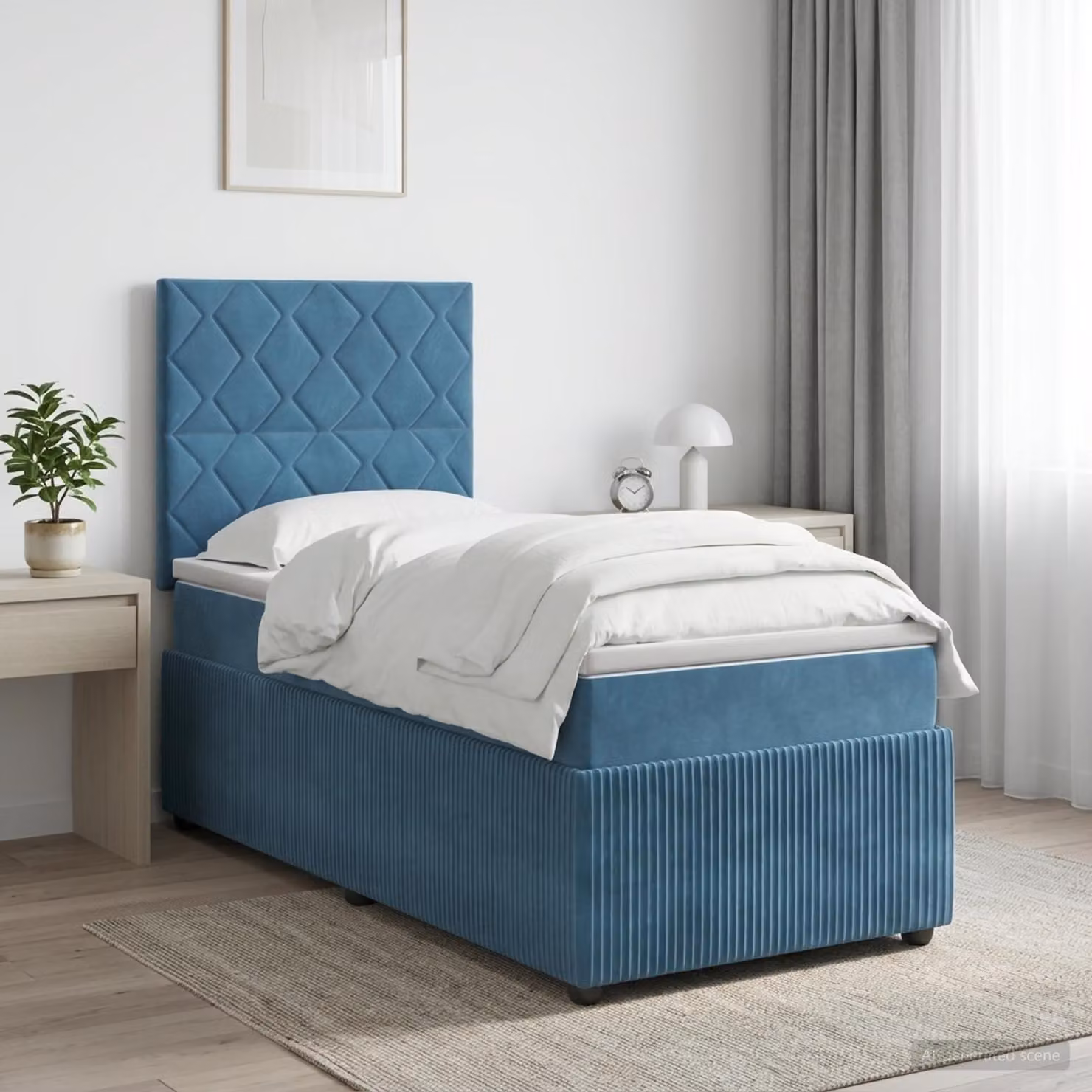 Letto a molle con materasso e testiera blu, 100 x 200 cm, rivestito in velluto