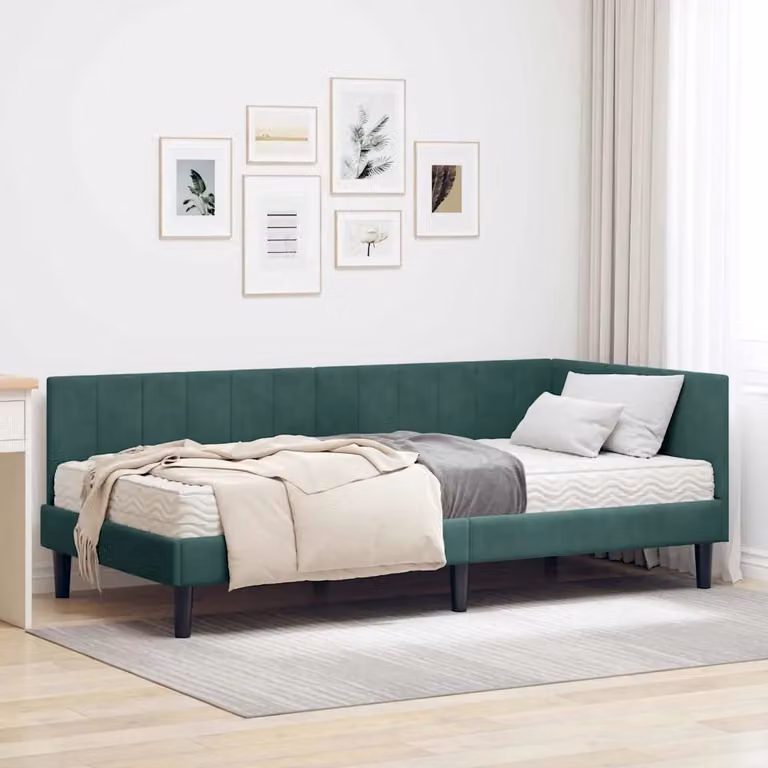 vidaXL Struttura Letto Angolare con 2 Materassi in Schiuma Verde in Velluto L/P/H: 140 x 200 x 94 cm