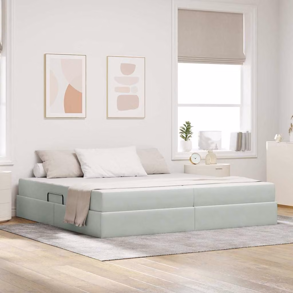 Letto con contenitore e materasso ibrido vidaXL in tessuto grigio, L/P/H: 200 x 200 x 43,5 cm
