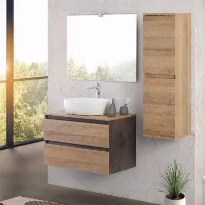 Mobile bagno sospeso Kleo Inbagno in rovere e marrone con top lavabo e specchio, Larghezza: 80 cm – 1