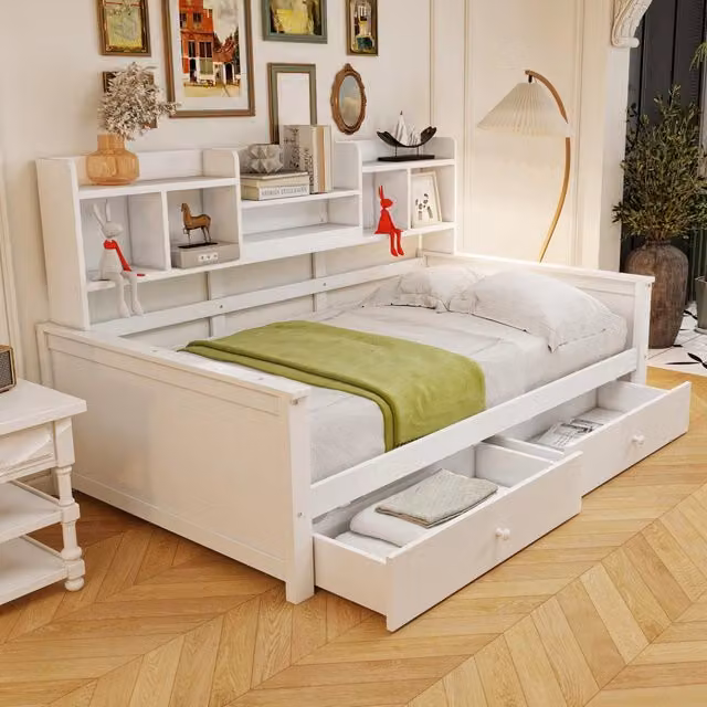 Divano letto 90 x 200 cm con cassetti e mensole, rete a doghe, letto per bambini, letto per ragazzi, letto singolo in legno massello - Bianco