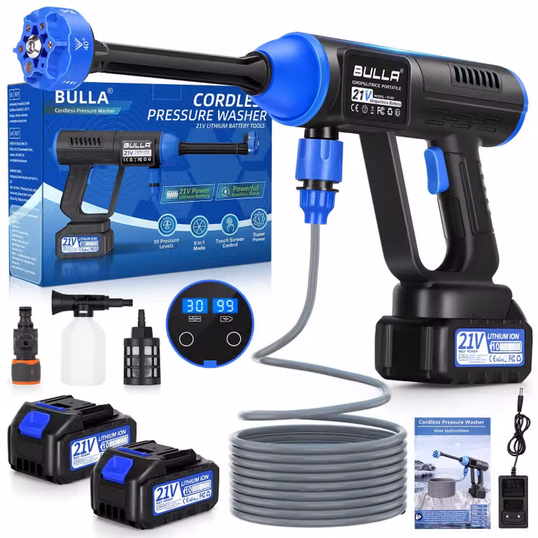 Idropulitrice a batteria - 2 batterie da 4000 mAh - Ugello multifunzione 6-in-1 - Portatile - Ideale per balconi e auto