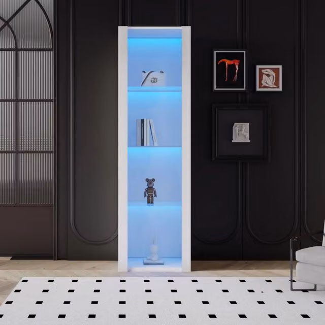 Armadio alto verticale, armadio portaoggetti, vetrina, pannelli lucidi, luci LED controllabili tramite app, 3 ripiani in vetro, 55x38x166 cm, bianco
