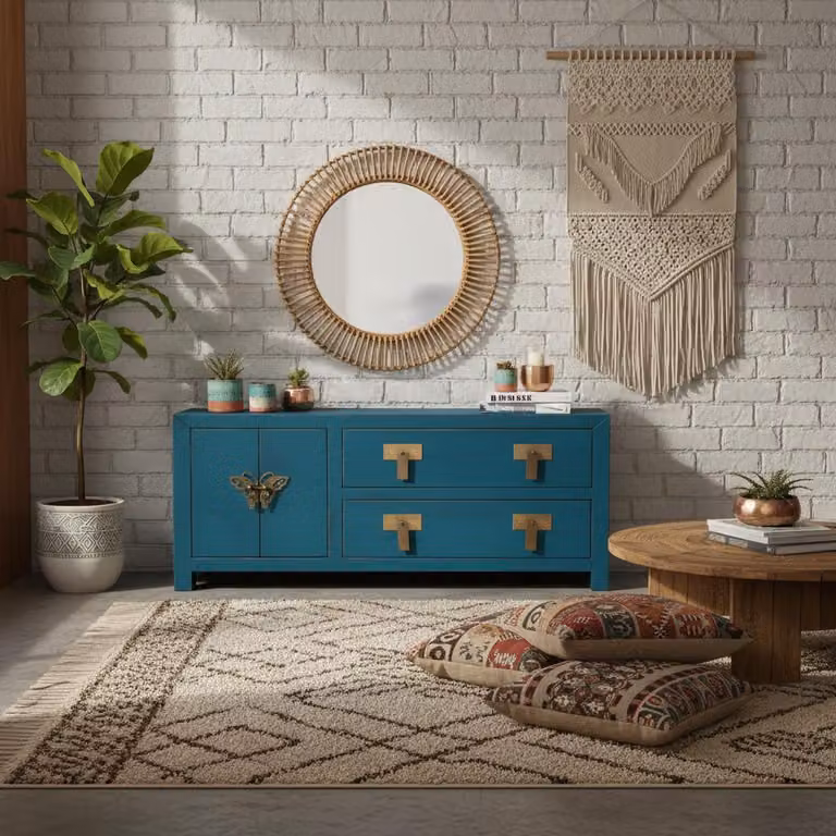 Mobili orientali d'epoca Cassettiera TV Credenza Mobile TV Cinese Asiatico Estremo Oriente Stile casa di campagna shabby chic Blu scuro blu navy